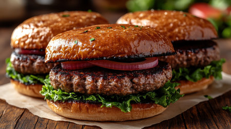 Delicious gourmet burgers topped with crisp lettuce and tangy onions await appetites.の素材