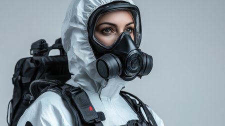 An individual dressed in a protective suit stands ready to face potential dangers ahead.の素材