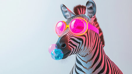 A zebra in vibrant sunglasses playfully blows a bubble gum, exuding charm.の素材