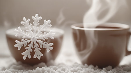 Steam rises from cozy mugs as snowflakes drift softly in a winter wonderland.の素材