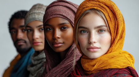 A harmonious display of friendship, with each person wearing uniquely colored headscarves.の素材