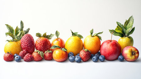 Colorful collection of fresh fruits lined up with striking detail and freshness.の素材