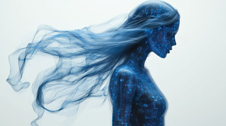A captivating figure merges technology and art, featuring flowing blue hair.の素材