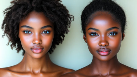 Two women with radiant skin and natural hairstyles celebrate diversity.の素材