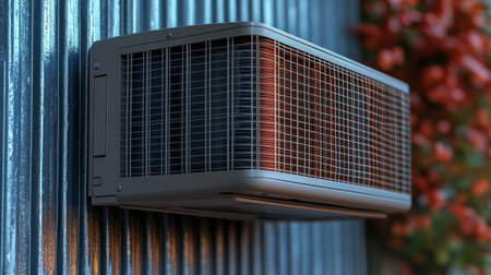 A sleek air conditioner rests against a weathered metal backdrop with colorful greenery.の素材