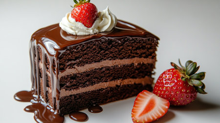 A rich slice of chocolate cake drizzled with chocolate and garnished with strawberries.の素材