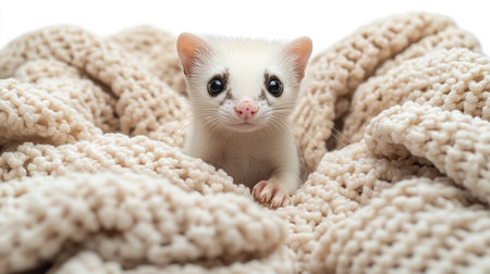 A curious ferret peeks out from a cozy knitted blanket, looking adorable.の素材