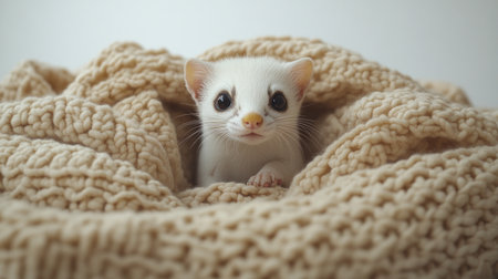 A curious animal emerges from fluffy yarn, conveying warmth and innocence.の素材