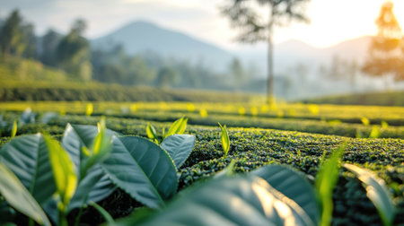 Sunrise illuminates fresh tea leaves, creating a serene moment in nature's embrace.の素材