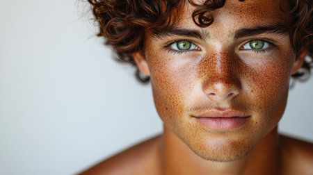 A curly-haired boy with green eyes has a captivating expression and freckles.の素材