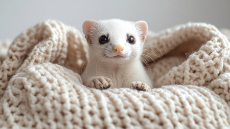 A playful ferret explores its snug retreat nestled within a warm blanket.の素材