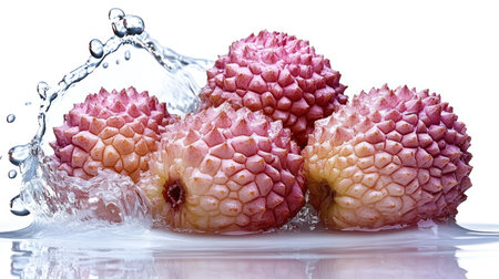 Lychee fruits burst into water, showing their unique texture and rich colors.の素材