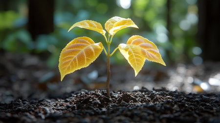 A delicate sapling reaches for sunlight, surrounded by lush greenery in a forest.の素材