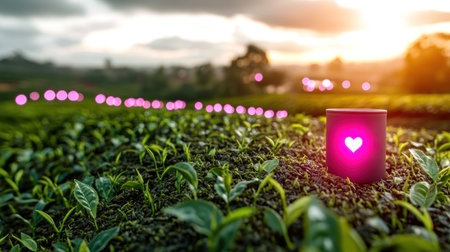 A glowing heart light shines among tea plants as day turns to night.の素材