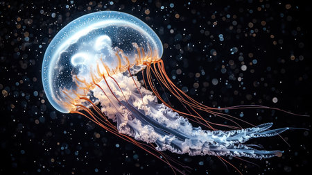 A vibrant jellyfish glides effortlessly through the dark sea.の素材