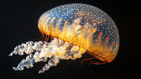 A jellyfish glides through dark waters, showing mesmerizing bioluminescence.の素材