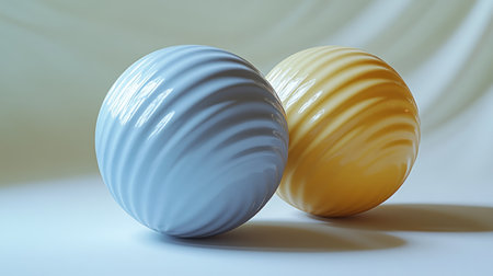 Two elegantly textured spheres in pastel colors sit side by side on a soft surface.の素材