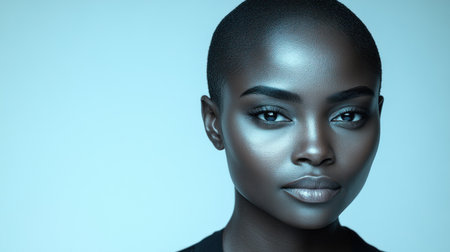 A confident person with a shaved head exudes elegance and strength in soft blue light.の素材