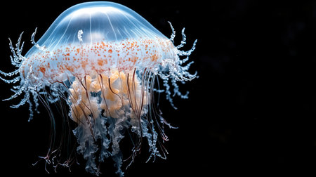 A jellyfish floats effortlessly in dark waters, its tentacles trailing elegantly behind.の素材