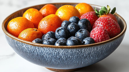 Brightly colored fruits fill a rustic bowl on a light surface, inviting a healthy snack.の素材