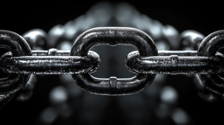 Metal chain links interlock in striking detail, showing strength and texture.の素材