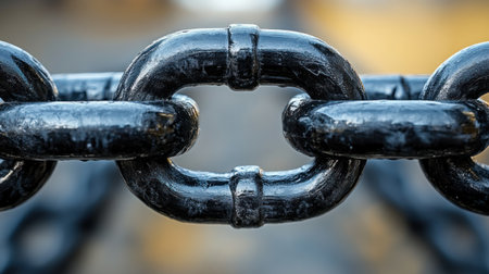 Sturdy black links of a chain intertwined while sunlight glints off its surface.の素材
