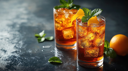 Chilled drinks adorned with fresh mint and citrus slices are ready to enjoy.の素材
