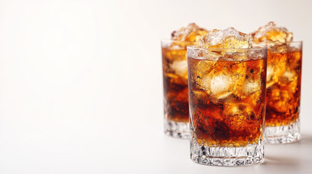 Chilled glasses of cola with ice capture the essence of a refreshing beverage.の素材