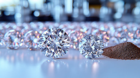 Diamonds shine brilliantly alongside raw material in a captivating arrangement.の素材