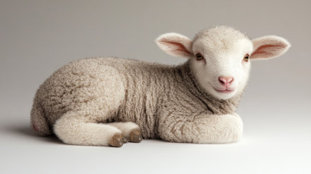 A fluffy lamb relaxes peacefully on a soft surface, radiating tranquility.の素材