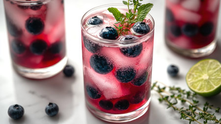 A vibrant drink made with fresh blueberries, mint, and ice served in a cool glass.の素材