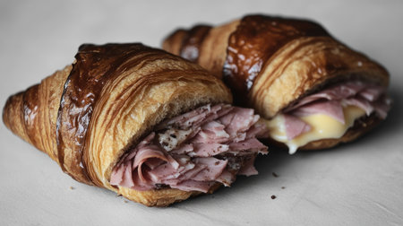 Freshly baked croissants filled with savory ham and melted cheese awaiting enjoyment.の素材