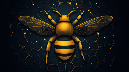 The golden bee showcases intricate details against a striking hexagonal pattern.の素材