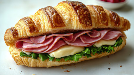 A fresh croissant sandwich brings flavor with layers of ham and cheese nestled inside.の素材