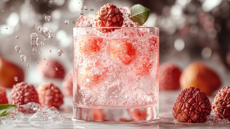 A chilled glass of raspberry drink overflows with fresh berries and ice cubes.の素材