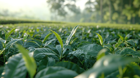 Morning light baths vibrant tea leaves on a tranquil plantation in nature's beauty.の素材