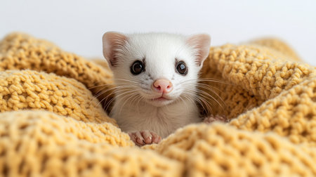 A curious ferret emerges from a warm, knitted blanket, showing its playful nature.の素材