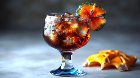 A refreshing tropical drink filled with ice, featuring a beautiful floral garnish.の素材