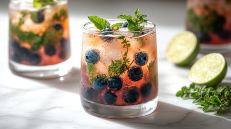 A vibrant cocktail blends blueberries and mint for a refreshing summer treat.の素材