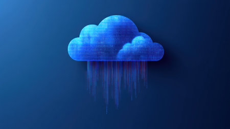 A stylized cloud releases rain streaks in digital blue tones against a rich backdrop.の素材