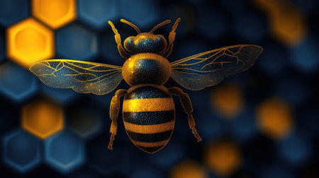 A beautifully rendered bee hovers, showcasing vibrant stripes and delicate wings.の素材