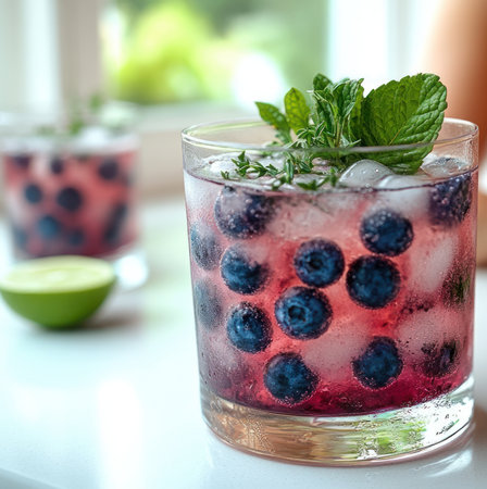 A vibrant drink featuring blueberries and mint, perfect for warm afternoons.の素材