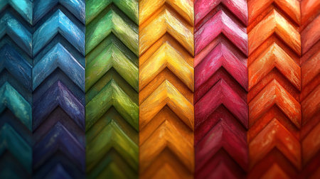 Colorful chevron patterns in wood display intricate craftsmanship and artistry.の素材