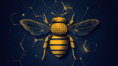 A golden bee shines against a dark background, showing its beauty and detail.の素材