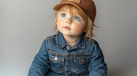 A young child wearing a denim jacket and cap looks up with wide eyes, full of wonder.の素材
