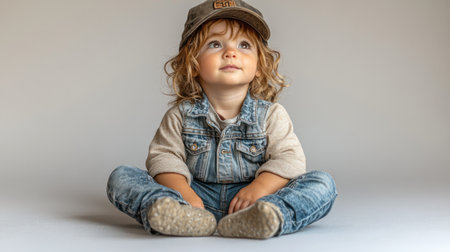 A young child with curly hair, dressed in denim, gazes thoughtfully into the distance.の素材