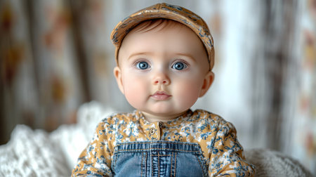 A young infant with big blue eyes and a charming outfit looks thoughtfully at the viewer.の素材