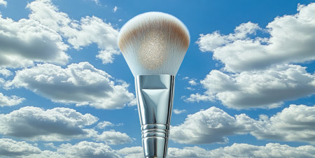 A beautiful makeup brush stands tall under a vibrant blue sky filled with clouds.の素材