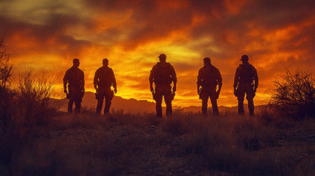 Five figures stand united, silhouetted against a breathtaking sunset sky.の素材