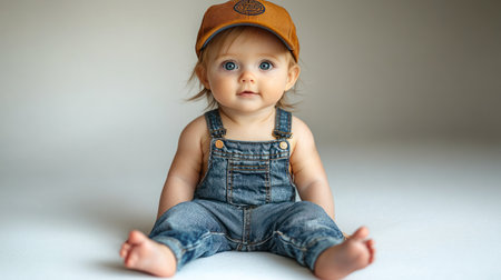 A cute little one, wearing denim and a cap, gazes curiously with bright blue eyes.の素材